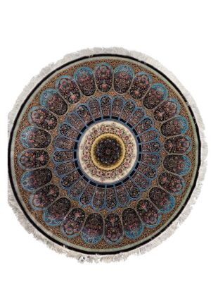 قالیچه ربات بافت دایره 70 ابريشم و بنبوسيلک گردوئي آبي روش   کد: 2000270