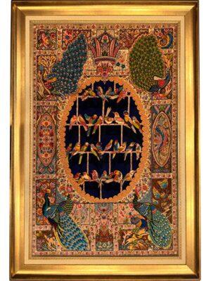 فرش ربات بافت قم مستطیل چهل طوطی قابی 70 رج ابریشم و بنبوسیلک2002954