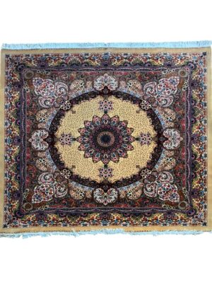 قالیچه تمام ابریشم ربات بافت قم مربع نقشه گلریز 70 رج کد 2000218