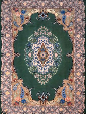 فرش دست بافت تبریز لچک ترنچی کف ساده 50 رج کرک و ابریشم کد 2002863