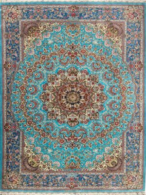 فرش دست بافت قم لچک ترنجی احمدی 80 رج تمام ابریشم کد 2003171