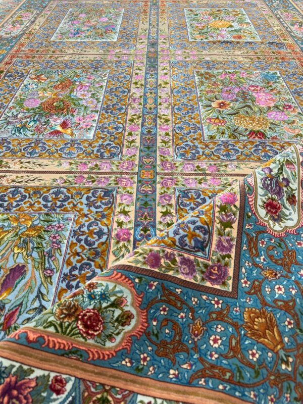 فرش دست بافت مستطیل گلستان 70 رج کرک و ابریشم - Image 3