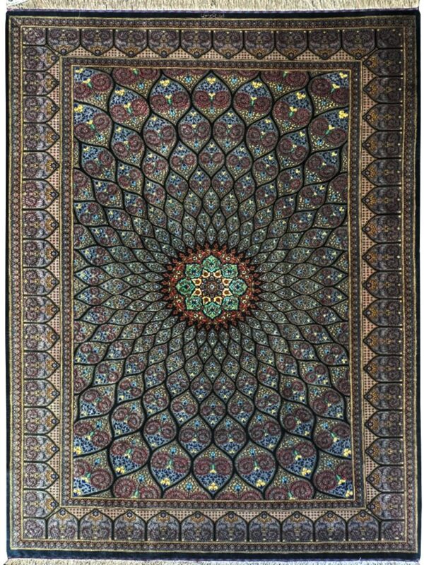فرش دست بافت گنبدی موسوی 85 رج تمام ابریشم کد 2003215