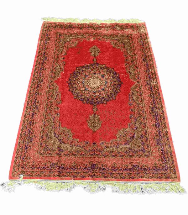 قالیچه تمام ابریشم ربات بافت طرح لچک ترنجی پتینه بافی کد 2000103 - Image 6