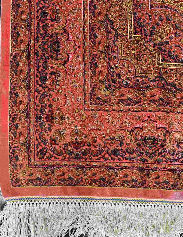 قالیچه تمام ابریشم ربات بافت طرح لچک ترنجی پتینه بافی کد 2000103 - Image 2