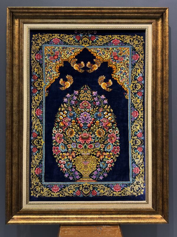 تابلو فرش قم گلدان و پرنده 80 رج تمام ابریشم کد 2003277 - Image 4