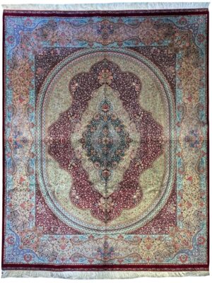 فرش ربات بافت مستطیل نقشه لچک ترنجی 70رج ابريشم و بنبوسيلک کد 2000100