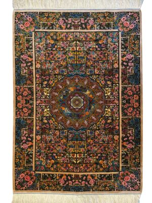 فرش ربات بافت طرح خشتی70رج ابريشم و بنبوسيلک کد 2000545