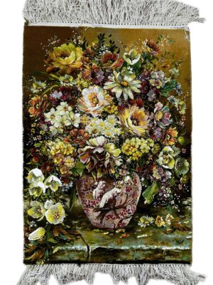 تابلو فرش مستطیل گلدان و پرنده 50 رج کرک چله ابریشم کد 2001748