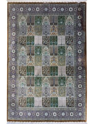 فرش دست بافت مستطیل خشتی 60 رج تمام ابریشم کد 2002024