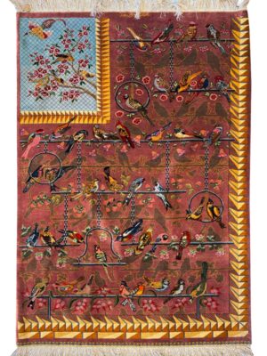 فرش دست بافت مستطیل  چهل طوطی 90 رج تمام ابریشم کد 2002112