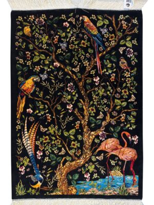 فرش ربات بافت مستطیل درخت زندگی 70 رج ابریشم و بنبوسیلک کد 2002188