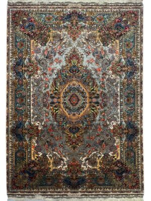 فرش دست بافت مستطیل نوین فر موج مهر 60 رج کرک و ابریشم کد 2003232