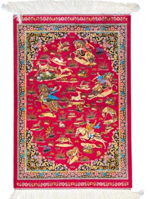 تابلو فرش ربات بافت مستطیل شکارگاه 70 رج ابریشم و بنبوسیلک کد 2003346