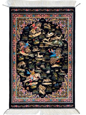 تابلو فرش ربات بافت مستطیل شکارگاه 70 رج ابریشم و بنبوسیلک کد 2003347