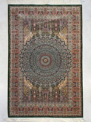 فرش ربات بافت مستطیل گنبدی اسلیمی 70 رج ابریشم و بنبوسیلک کد 2003355