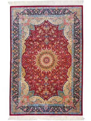 فرش ربات بافت مستطیل لچک ترنجی معصومی 70 رج ابریشم و بنبوسیلک کد 2003357