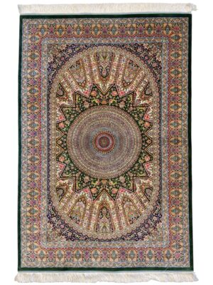 فرش ربات بافت مستطیل گنبدی اسلیمی 70 رج ابریشم و بنبوسیلک کد 2003358