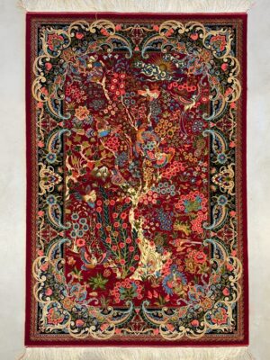 فرش ربات بافت مستطیل درخت زندگی 70 رج ابریشم و بنبوسیلک کد 2003361