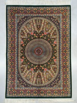 فرش ربات بافت مستطیل گنبدی اسلیمی 70 رج ابریشم و بنبوسیلک کد 2003364