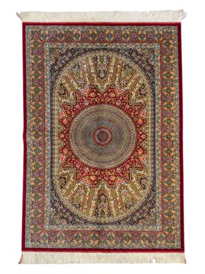 فرش ربات بافت مستطیل شکارگاه نجد 70 رج ابریشم و بنبوسیلک کد 2003365