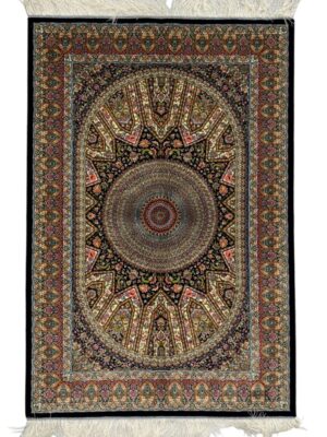 فرش ربات بافت مستطیل گنبدی اسلیمی 70 رج ابریشم و بنبوسیلک کد 2003368