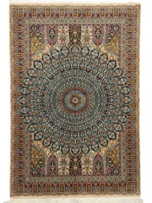 فرش ربات بافت مستطیل گنبدی اسلیمی 70 رج ابریشم و بنبوسیلک کد 2003369