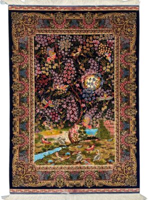 فرش ربات بافت مستطیل درخت زندگی 70 رج ابریشم و بنبوسیلک کد 2003370