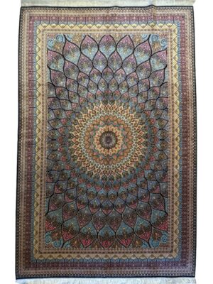 فرش ربات بافت مستطیل گنبدی اسلیمی 70 رج ابریشم و بنبوسیلک کد 2003371