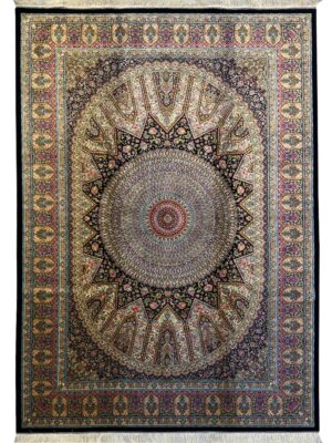 فرش ربات بافت مستطیل گنبدی اسلیمی 70 رج ابریشم و بنبوسیلک کد 2003381