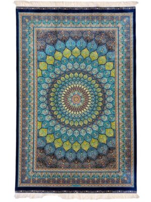 فرش ربات بافت مستطیل گنبدی اسلیمی 70 رج ابریشم و بنبوسیلک کد 2003383