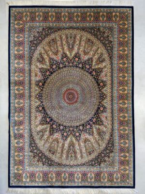 فرش ربات بافت مستطیل گنبدی اسلیمی 70 رج ابریشم و بنبوسیلک کد 2003385