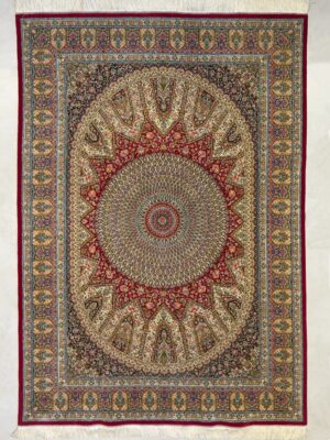 فرش ربات بافت قم گنبدی اسلیمی 70 رج ابریشم و بنبوسیلک کد 2003386