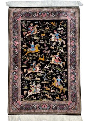 فرش ربات بافت مستطیل شکارگاه 70 رج ابریشم و بنبوسیلک کد 2003408