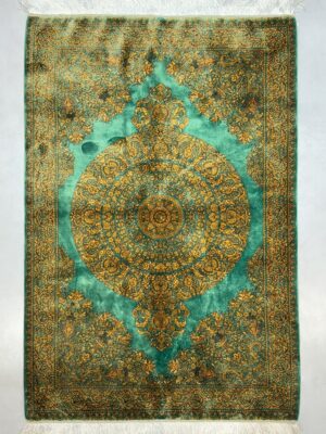 فرش ربات بافت قم  لچک ترنجی 70 رج ابریشم و بنبوسیلک کد 2003409