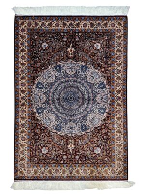 فرش ربات بافت مستطیل گنبدی و افشان 70 رج ابریشم و بنبوسیلک کد 2003411