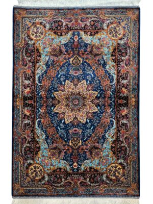 فرش ربات بافت قم لچک ترنجی کاظمی 70 رج ابریشم و بنبوسیلک کد 2003412