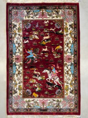 فرش ربات بافت قم مستطیل شکارگاه 70 رج ابریشم و بنبوسیلک کد 2003414