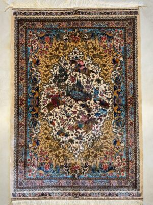 فرش ربات بافت مستطیل شکارگاه 70 رج ابریشم و بنبوسیلک کد 2003417