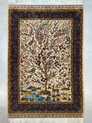 فرش ربات بافت قم درخت زندگی 70 رج ابریشم و بنبوسیلک کد 2003420