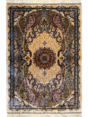 فرش ربات بافت مستطیل لچک ترنجی کاظمی 70 رج ابریشم و بنبوسیلک کد 2003424