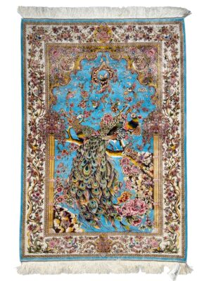 فرش ربات بافت قم لچک ترنج باغ طاووس 70 رج ابریشم و بنبوسیلک کد 2003423