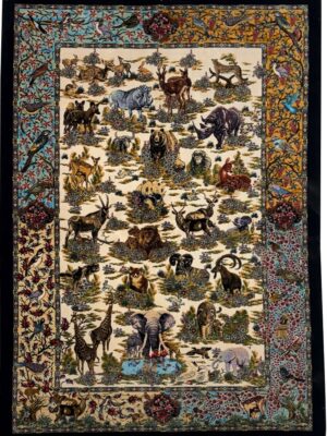 فرش ربات بافت قم مستطیل افریقا 70 رج ابریشم و بنبوسیلک کد 2003431