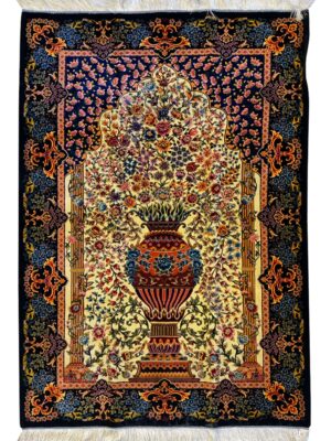 فرش ربات بافت مستطیل محرابی گلدانی 70 رج ابریشم و بنبوسیلک کد 2003435