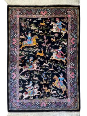 فرش ربات بافت مستطیل شکارگاه 70 رج ابریشم و بنبوسیلک کد 2003441