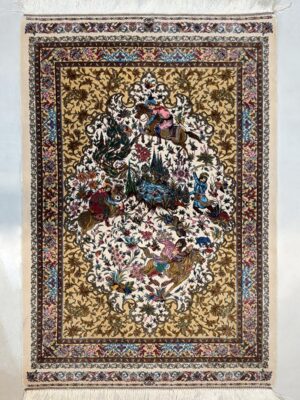 فرش ربات بافت مستطیل شکارگاه 70 رج ابریشم و بنبوسیلک کد 2003443