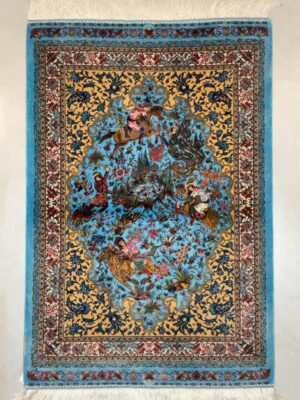 فرش ربات بافت مستطیل شکارگاه 70 رج ابریشم و بنبوسیلک کد 2003444