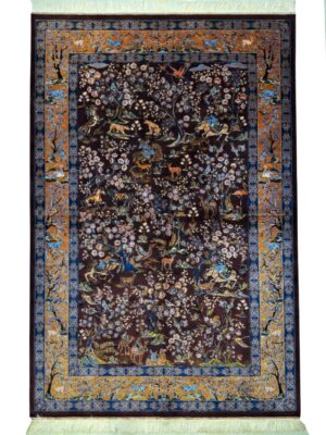 فرش ربات بافت مستطیل شکارگاه 70 رج ابریشم و بنبوسیلک کد 2003463