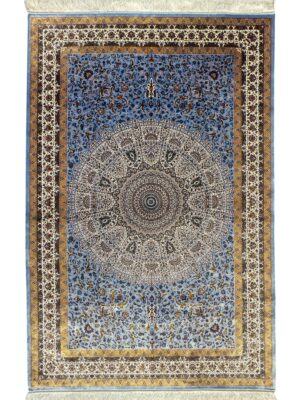 فرش ربات بافت مستطیل گنبدی و افشان 70 رج ابریشم و بنبوسیلک کد 2003467