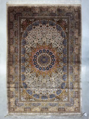 فرش ربات بافت مستطیل گنبدی و افشان 70 رج ابریشم و بنبوسیلک کد 2003468